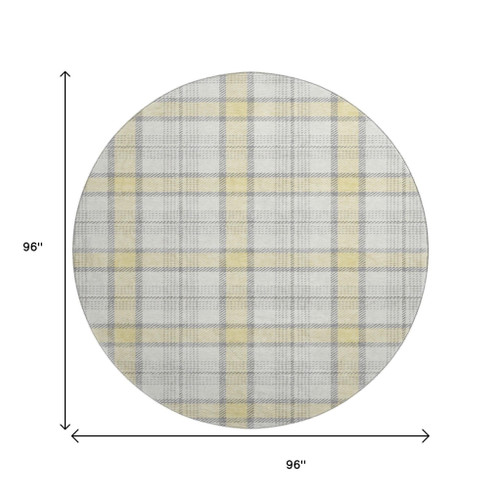 8' Yellow Ivory And Gray Plaid Washable Round Rug With UV Protection