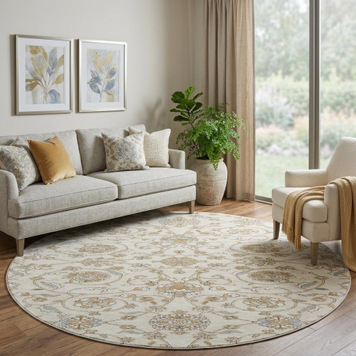 8' Ivory Copper And Gray Moroccan Washable Round Rug With UV Protection