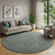 8' Teal And Beige Floral Washable Round Rug With UV Protection
