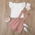 Girls Hollow Out Design Tops And Suspender Shorts Set