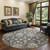 8' Graphite Ivory And Gold Floral Medallion Distressed Washable Round Rug With UV Protection