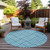 8' Teal Blue And Ivory Round Geometric Washable Indoor Outdoor Area Rug