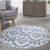5' Ivory and Navy Blue Damask Distressed Round Rug
