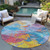 8' Blue Yellow Pink And Orange Round Abstract Washable Indoor Outdoor Area Rug