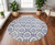 8' Ivory and Navy Blue Damask Distressed Round Rug