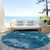 8' Navy Blue And Teal Blue Round Abstract Washable Indoor Outdoor Area Rug