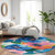 8' Navy Blue And Sky Blue Round Floral Washable Indoor Outdoor Area Rug