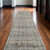 12' Gray Ivory and Blue Abstract Power Loom Worn Faded Runner Rug With Fringe