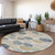 8' Beige Navy Blue And Gold Round Geometric Washable Indoor Outdoor Area Rug