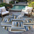 8' Navy Blue Brown And Beige Round Geometric Washable Indoor Outdoor Area Rug