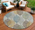 8' Gray Silver And Teal Blue Round Floral Washable Indoor Outdoor Area Rug