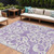 9' X 12' Purple And Ivory Damask Washable Indoor Outdoor Area Rug