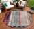 8' Navy Blue And Merlot Round Striped Washable Indoor Outdoor Area Rug