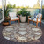8' Brown Gray And Ivory Round Damask Washable Indoor Outdoor Area Rug