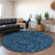 8' Round Navy and Gray Round Floral Medallion Washable Non Skid Indoor Outdoor Area Rug
