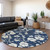 8' Navy Blue And Ivory Round Floral Washable Indoor Outdoor Area Rug Transitional Style - Navy Blue, Ivory Color