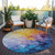 8' Gold Yellow And Teal Blue Round Abstract Washable Indoor Outdoor Area Rug
