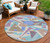 8' Brown Teal Blue And Ivory Round Geometric Washable Indoor Outdoor Area Rug