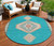 8' Teal Blue Brown And Ivory Round Oriental Washable Indoor Outdoor Area Rug