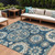 8' X 10' Navy Blue And Taupe Floral Medallion Washable Indoor Outdoor Area Rug