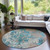 8' Teal Blue Ivory And Light Brown Round Damask Washable Indoor Outdoor Area Rug