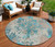8' Teal Blue Ivory And Light Brown Round Damask Washable Indoor Outdoor Area Rug