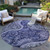 8' Navy Blue Gray And Green Round Floral Medallion Washable Indoor Outdoor Area Rug