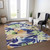 9' X 12' Navy Blue And Beige Floral Washable Indoor Outdoor Area Rug