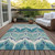 9' X 12' Teal Blue Navy Blue And Ivory Ikat Washable Indoor Outdoor Area Rug