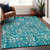 9' X 12' Teal Blue And Ivory Floral Washable Indoor Outdoor Area Rug - Teal Blue, Ivory