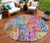 8' Red Gold And Teal Blue Round Village Houses Washable Indoor Outdoor Area Rug