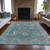 10' X 14' Teal Blue And Beige Floral Washable Indoor Outdoor Area Rug