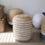 18" Natural And White Jute Blend Cylinder Striped Pouf Ottoman