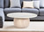 35" White and Natural Wood And Faux Marble Round Pedestal Coffee Table