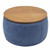 26" Blue and Brown Fabric And Wood Reversible Tray Top Round Storage Ottoman