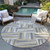 8' Beige Gray And Ivory Round Geometric Washable Indoor Outdoor Area Rug