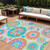 9' X 12' White Orange And Teal Blue Floral Medallion Washable Indoor Outdoor Area Rug