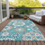 10' X 14' Teal Blue Taupe And Gray Floral Medallion Washable Indoor Outdoor Area Rug