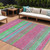 9' X 12' Blush Lime Green And Teal Blue Striped Washable Indoor Outdoor Area Rug