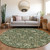 8' Green Tan And Gray Round Floral Washable Indoor Outdoor Area Rug