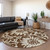 8' Round Brown and Ivory Round Floral Washable Non Skid Indoor Outdoor Area Rug