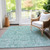 8' X 10' Teal Blue Aqua And Gray Floral Washable Indoor Outdoor Area Rug