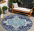 8' Navy Blue Ivory And Black Round Oriental Washable Indoor Outdoor Area Rug