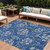 9' X 12' Navy Blue And Silver Floral Washable Indoor Outdoor Area Rug
