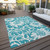 9' X 12' Teal and Ivory Floral Washable Non Skid Indoor Outdoor Area Rug