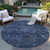 8' Navy Blue And Charcoal Round Damask Washable Indoor Outdoor Area Rug
