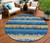 8' Navy Blue Gold And Ivory Round Striped Washable Indoor Outdoor Area Rug