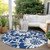 8' Round Navy and Ivory Round Floral Washable Non Skid Indoor Outdoor Area Rug