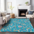 10' X 14' Teal Blue Ivory And Pink Floral Washable Indoor Outdoor Area Rug
