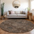 8' Brown Tan And Charcoal Round Damask Washable Indoor Outdoor Area Rug